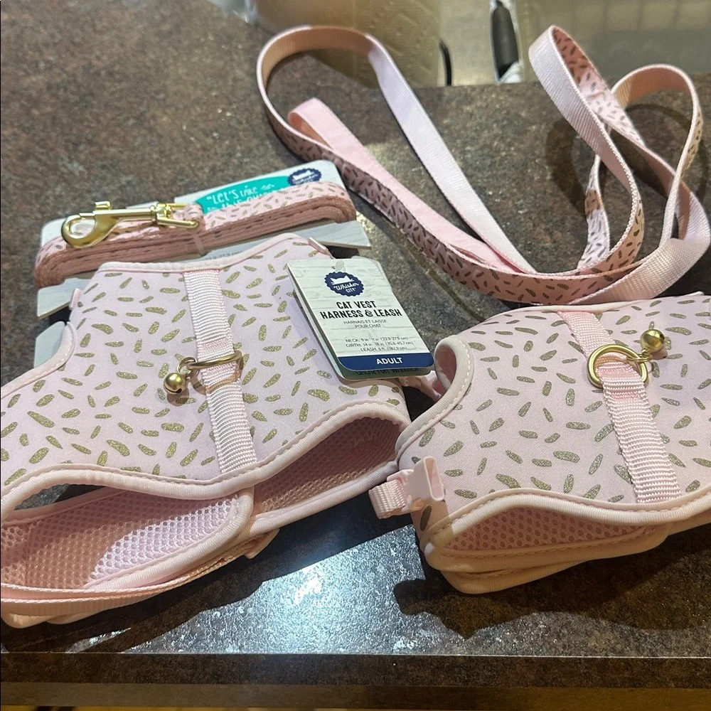 Whisker city pink gold glitter Cat kitten and adult Harness Set lot nwt new
